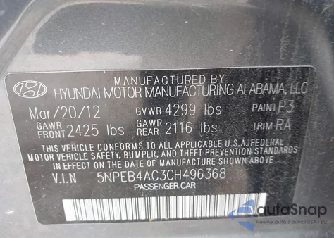 2012 Hyundai Sonata Gls z USA, uszkodzony, nr VIN 5NPEB4AC3CH496368